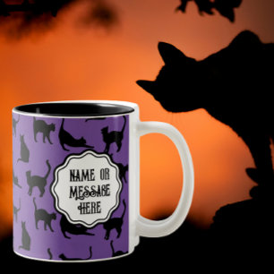 Personalized Spooky Purple Halloween Black Cats Two-Tone Coffee Mug