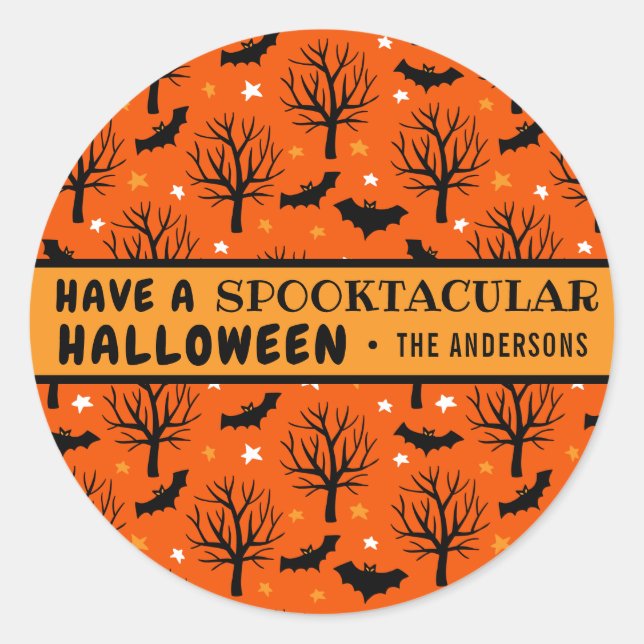 Personalized Spooky Trees and Bats Halloween Classic Round Sticker (Front)