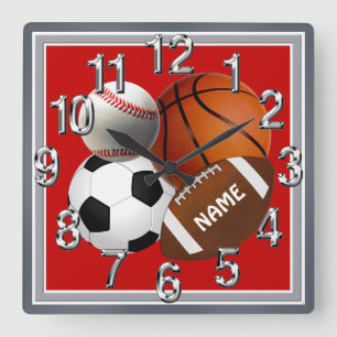 Personalized Sports Clock, Your Name and Colours Square Wall Clock