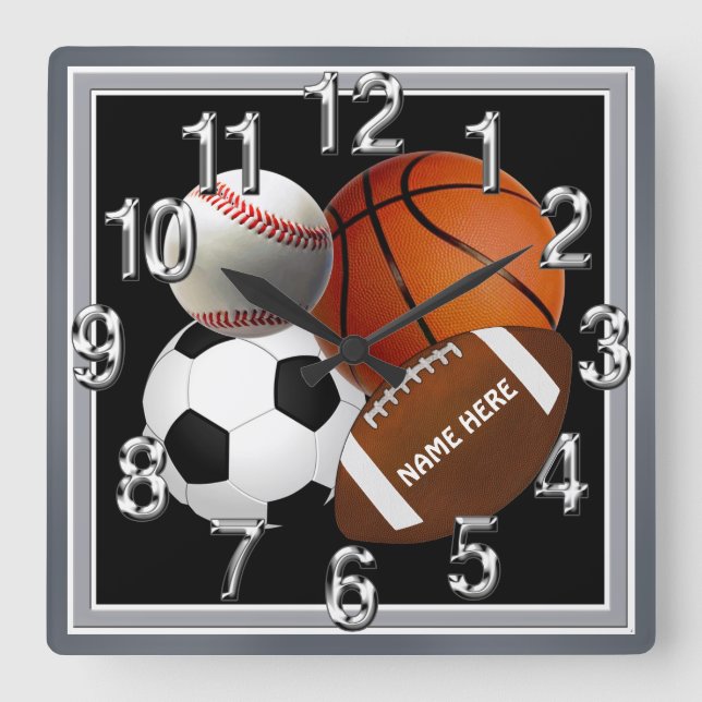 Personalized Sports Clock, Your Name and Colours Square Wall Clock (Front)