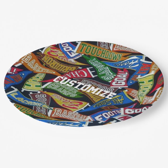 Personalized Sports Fan Pennant Pattern Paper Plate (Angled)
