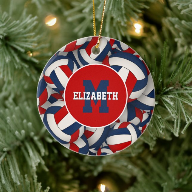 personalized sports red white blue volleyball ceramic ornament (Tree)