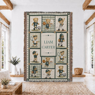 Personalized Sports Teddy Bea Woven Throw Blanket 