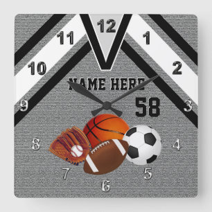 Personalized Sports Wall Clock, Your Name, Number Square Wall Clock