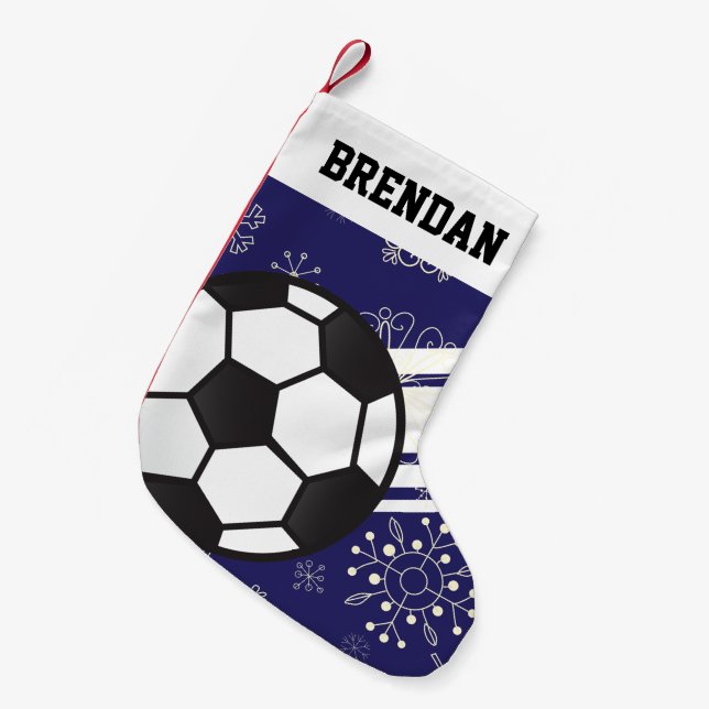 Personalized Sporty Stripes Soccer Ball Blue Small Christmas Stocking (Front (Hanging))