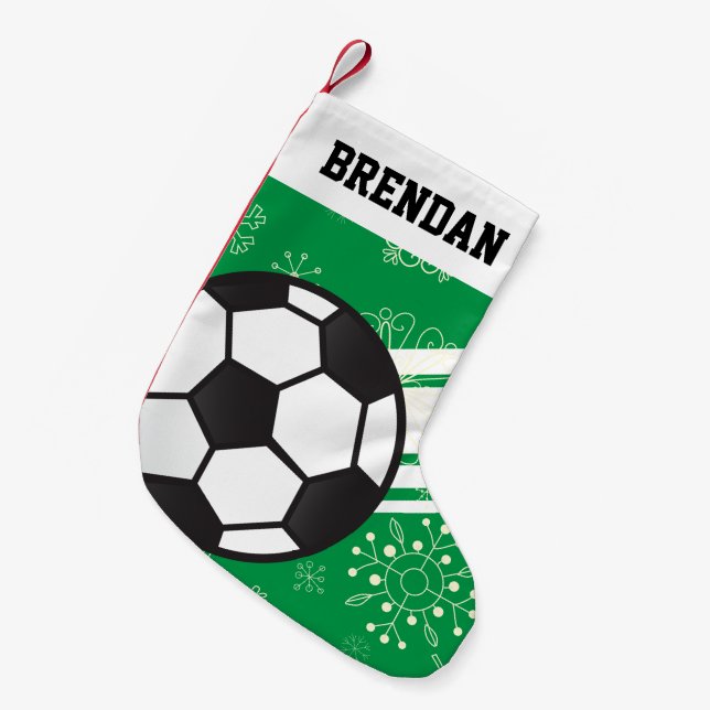 Personalized Sporty Stripes Soccer Ball Green Small Christmas Stocking (Front (Hanging))