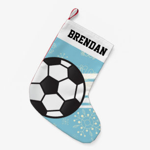 Personalized Sporty Stripes Soccer Ball Light Blue Small Christmas Stocking