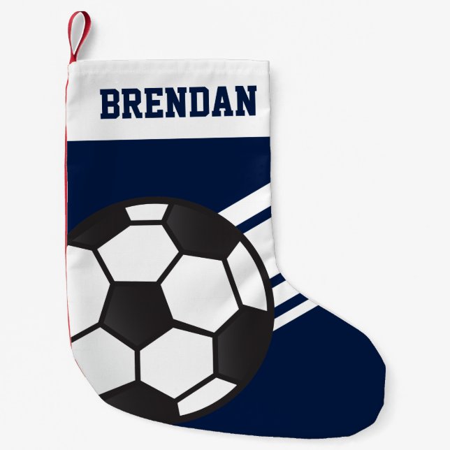 Personalized Sporty Stripes Soccer Ball Navy Blue Small Christmas Stocking (Front)