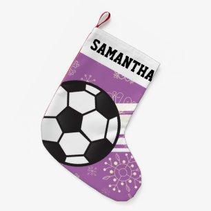 Personalized Sporty Stripes Soccer Ball Purple Small Christmas Stocking