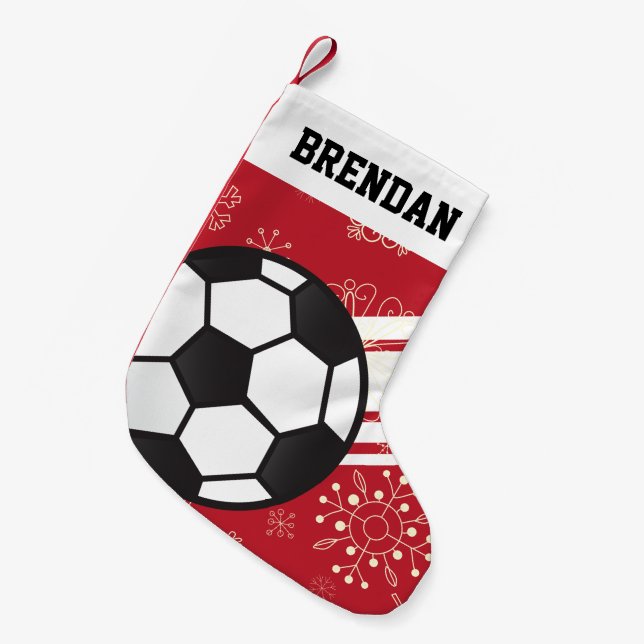 Personalized Sporty Stripes Soccer Ball Red Small Christmas Stocking (Front (Hanging))