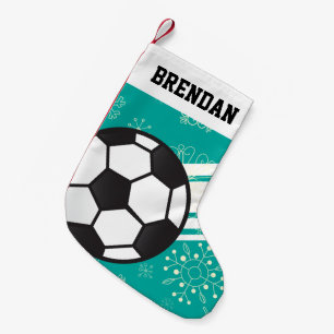Personalized Sporty Stripes Soccer Ball Teal Blue Small Christmas Stocking