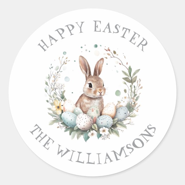  Personalized Spring Bunny Easter Eggs Garland Classic Round Sticker (Front)