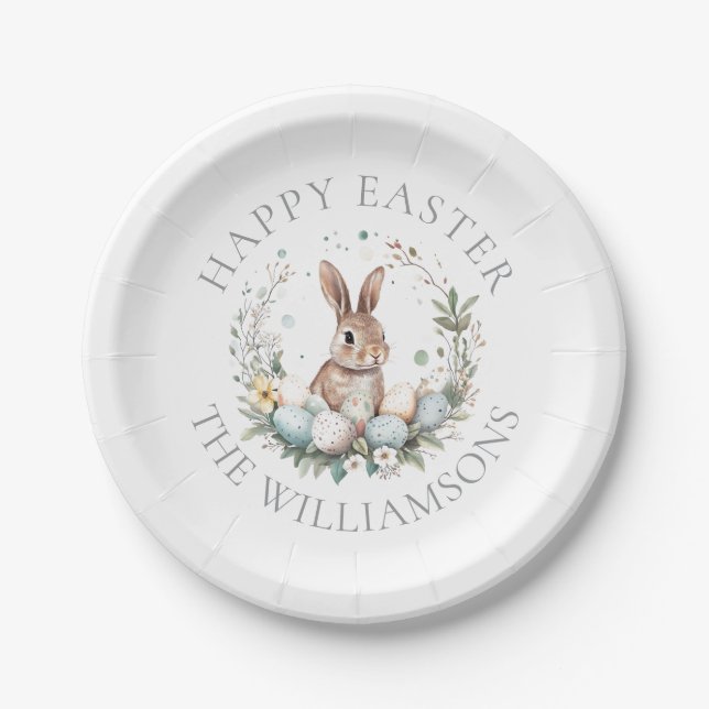  Personalized Spring Bunny Easter Eggs Wreath Paper Plate (Front)
