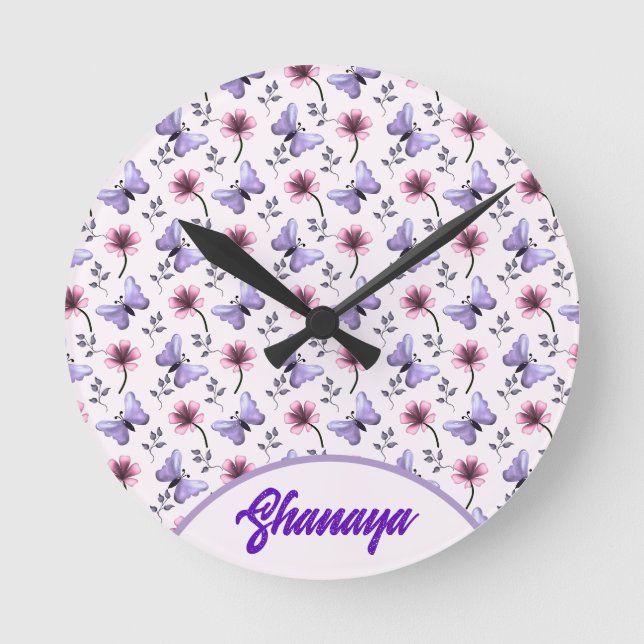 Personalized Spring Butterfly Floral Gift   Round Clock (Front)