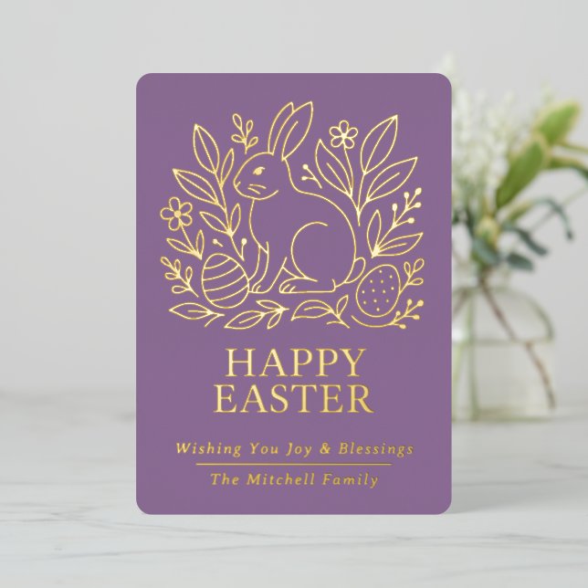 Personalized Spring Easter Bunny Gold Floral Foil Holiday Card (Standing Front)