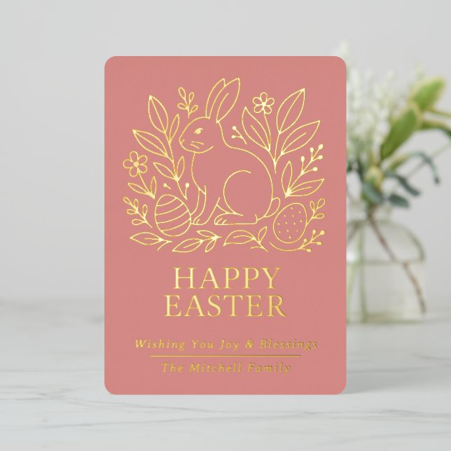 Personalized Spring Easter Bunny Gold Floral Foil Holiday Card (Standing Front)