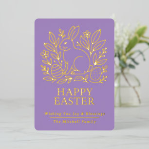 Personalized Spring Easter Bunny Gold Floral Foil Holiday Card
