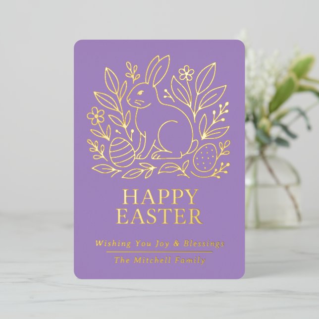 Personalized Spring Easter Bunny Gold Floral Foil Holiday Card (Standing Front)