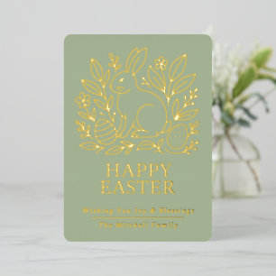 Personalized Spring Easter Bunny Gold Floral Foil Holiday Card