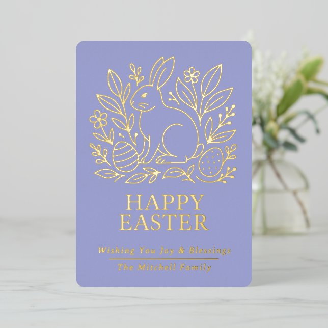 Personalized Spring Easter Bunny Gold Floral Foil Holiday Card (Standing Front)
