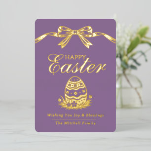 Personalized Spring Easter Egg Gold Bow Foil Holiday Card