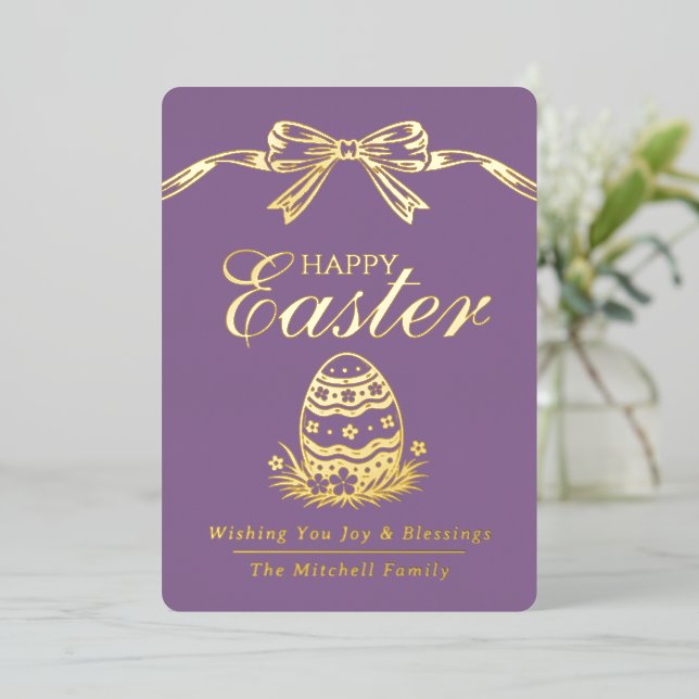 Personalized Spring Easter Egg Gold Bow Foil Holiday Card (Standing Front)