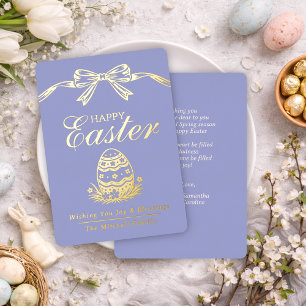 Personalized Spring Easter Egg Gold Bow Foil Holiday Card