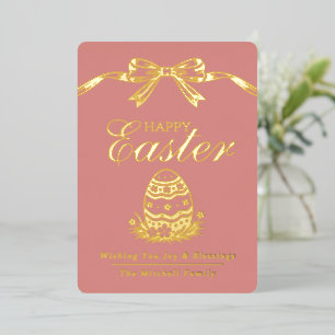 Personalized Spring Easter Egg Gold Bow Foil Holiday Card