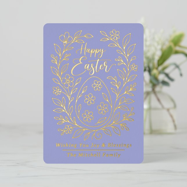 Personalized Spring Easter Egg Gold Floral Foil Holiday Card (Standing Front)