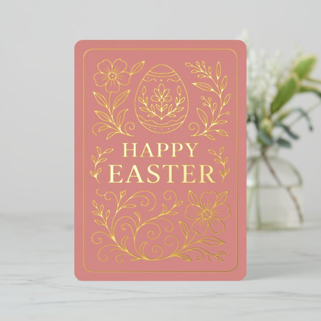 Personalized Spring Easter Egg Gold Floral Foil Holiday Card (Standing Front)