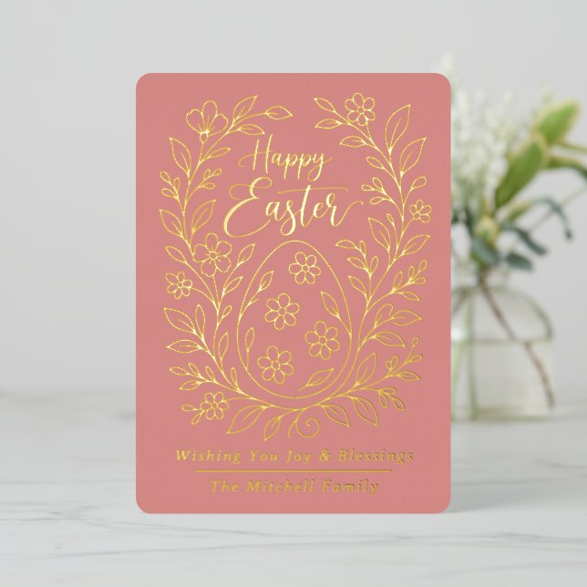 Personalized Spring Easter Egg Gold Floral Foil Holiday Card (Standing Front)