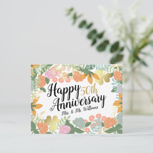 Personalized Spring Floral Happy 50th Anniversary  Postcard (Standing Front)