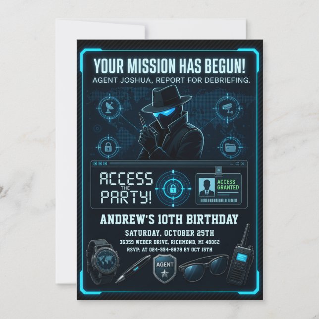 Personalized Spy Mission Birthday Invitation (Front)