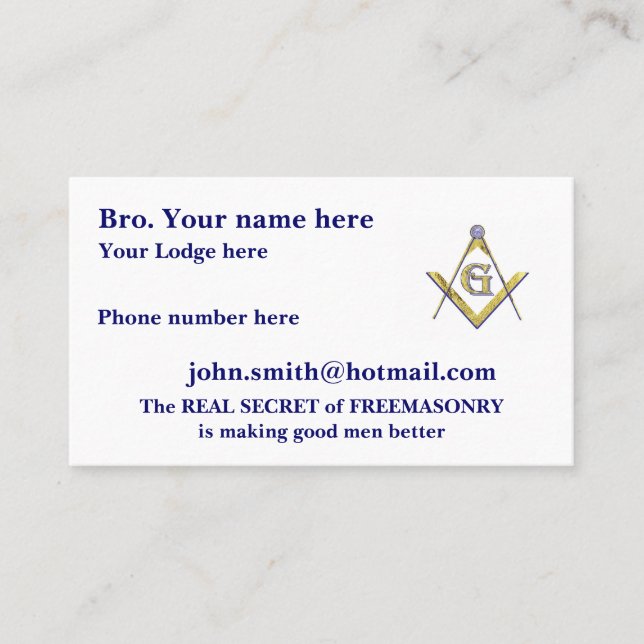 PERSONALIZED SQUARE AND COMPASSES MASONIC BUSINESS CARD (Front)