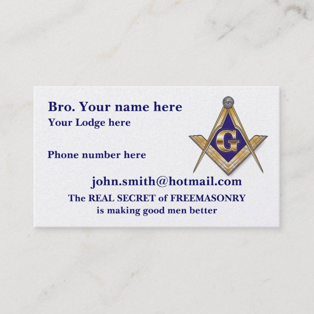 PERSONALIZED SQUARE AND COMPASSES MASONIC CALLING CARD (Front)