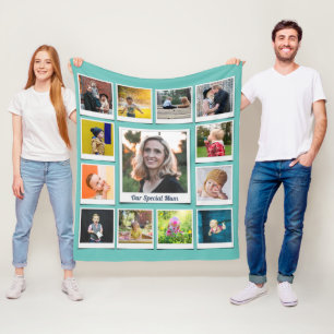 Personalized Square Photo Collage Family Teal Fleece Blanket