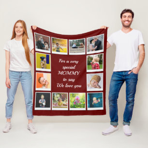 Personalized Square Photo Collage Modern Red Fleece Blanket
