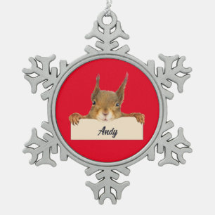 Personalized Squirrel Face Snowflake Pewter Christmas Ornament