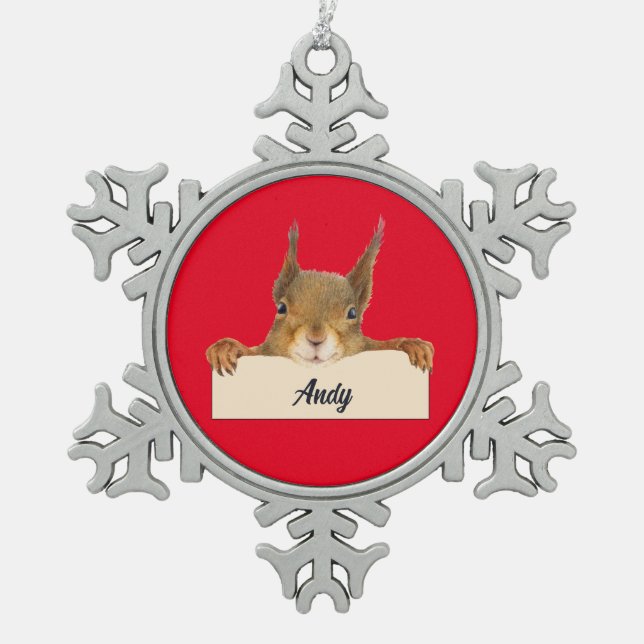 Personalized Squirrel Face Snowflake Pewter Christmas Ornament (Front)