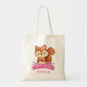 Personalized Squirrel Happy Easter Pink Tote Bag