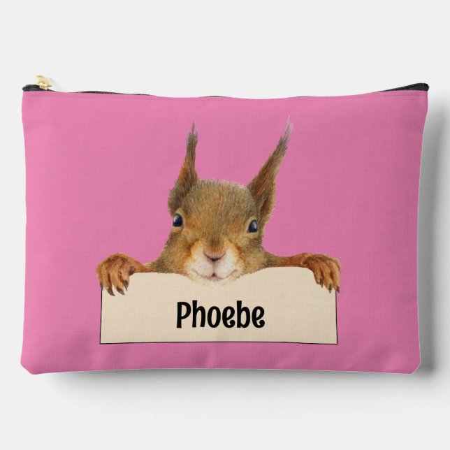 Personalized Squirrel Holding Nameplate Sign Accessory Pouch (Front)