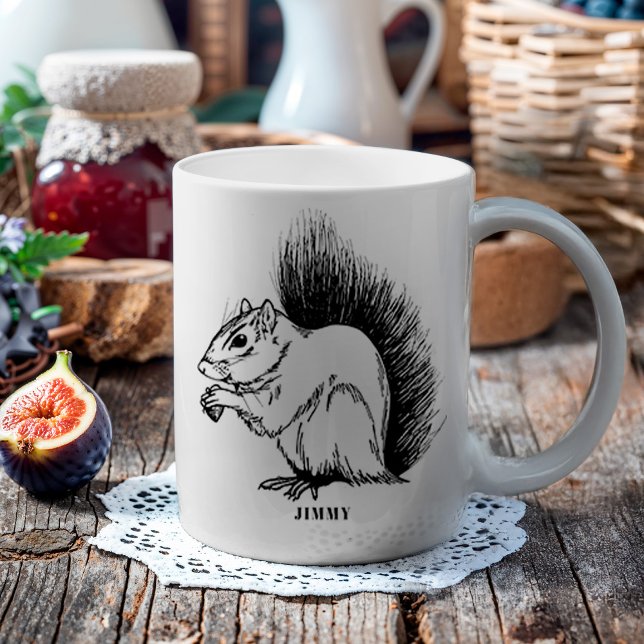 Personalized Squirrel Illustrated Wildlife Coffee Mug (This illustration was inspired by a favorite squirrel friend, whose name was Jimmy. )