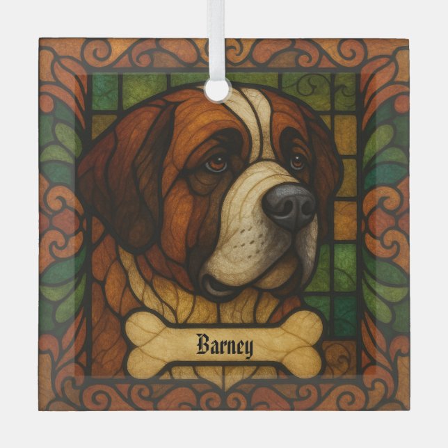 Personalized St. Bernard "Stained Glass"  Glass Ornament (Front)