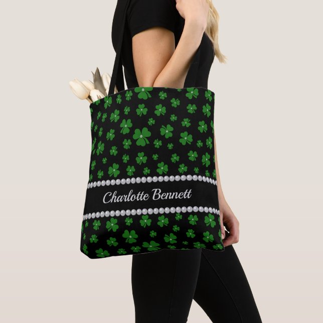 Personalized St. Patrick’s Day Shamrock with Pearl Tote Bag (Close Up)