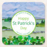 Personalized St Patrick's Day  Square Paper Coaster<br><div class="desc">Add these fun paper coasters to your St Patrick's Day celebration. They feature an Irish landscape with shamrocks in shades of green. The original design was made in fabric, inspired by the Irish country side. You can customize these napkins by adding your family name as well as changing the words,...</div>