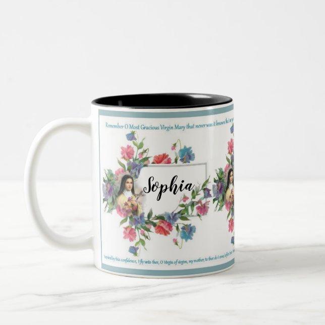 Personalized St. Therese with Memorare Prayer Two-Tone Coffee Mug (Left)