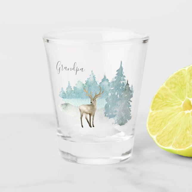 Personalized Stag Deer in Winter Woodland Shot Glass (Front)