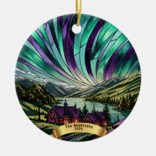 Personalized Stained Glass Look Northern Lights Ceramic Ornament