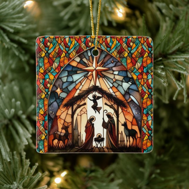Personalized Stained Glass Nativity Scene Christma Ceramic Ornament (Tree)