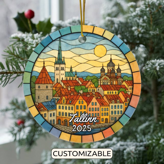 Personalized Stained Glass Tallinn, Estonia Ceramic Ornament (Creator Uploaded)